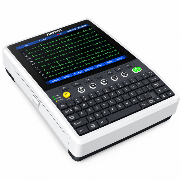 Front view of Zoncare U90 12-channel digital ECG machine for cardiac diagnostics