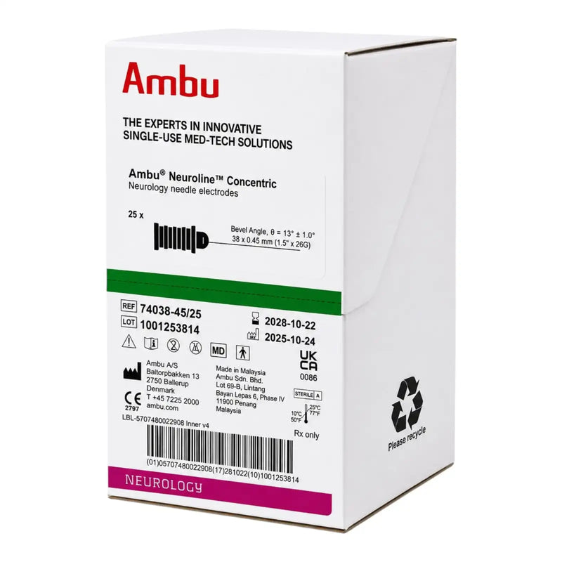 Ambu Neuroline™ Concentric neurology needle electrodes in its original white packaging box, featuring red and green branding and product details.