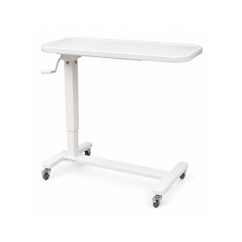 biotronix instruments adjustable medical overbed table on casters, featuring a hand-crank adjustment