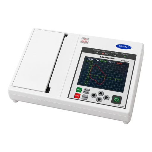 Clarity SpiroTech Plus PFT machine touchscreen interface displaying FVC test parameters