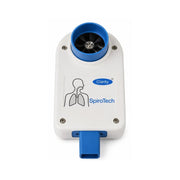 Close-up view of the standalone Clarity SpiroTech PFT machine hardware unit featuring its compact, lightweight handheld design and bi-directional turbine airflow inlet