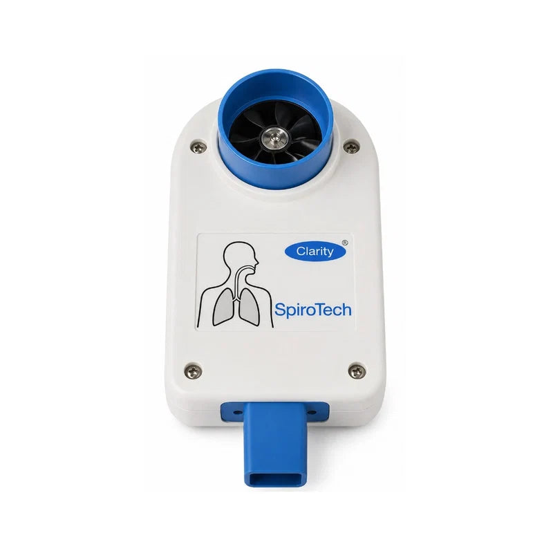 Close-up view of the standalone Clarity SpiroTech PFT machine hardware unit featuring its compact, lightweight handheld design and bi-directional turbine airflow inlet