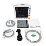 Contec CMS5100 3-para patient monitor unit displayed with included clinical accessories, including NIBP cuff, SpO2 probe, and temperature sensor