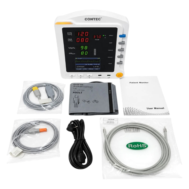 Contec CMS5100 3-para patient monitor unit displayed with included clinical accessories, including NIBP cuff, SpO2 probe, and temperature sensor