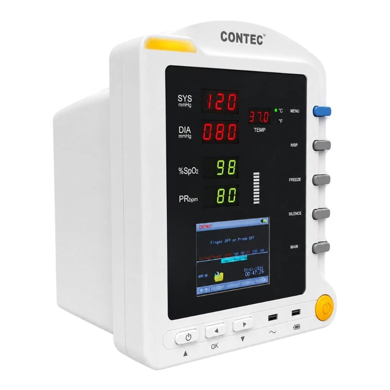 Contec cms 5100 patient monitor  with a white plastic housing, a black front display screen showing red and green digital readings, and yellow and blue accent buttons on the side.