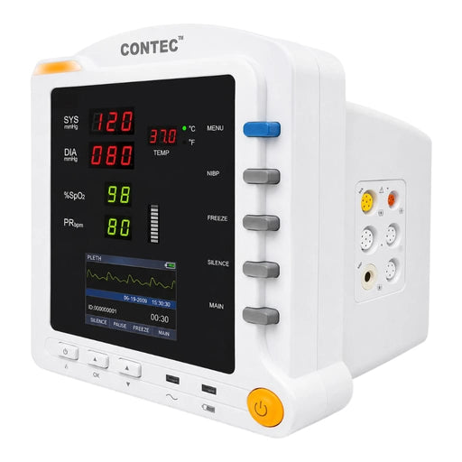CONTEC cms 5100 medical patient monitor front display screen showing vital signs, gray control buttons on the side, and yellow and orange indicator lights, photographed on a clean white background.
