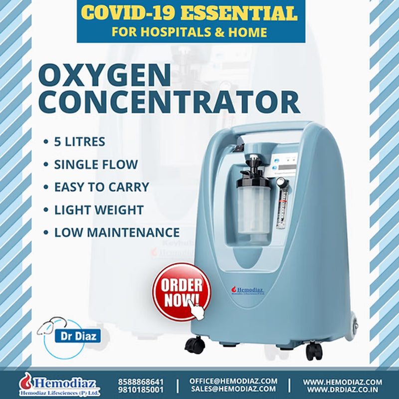 A light blue Hemodiaz oxygen concentrator shown on a promotional graphic with text listing features such as 5 litres single flow, easy to carry, light weight, and low maintenance. The image includes a red 'ORDER NOW!' badge and contact details for Hemodiaz.