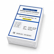 A stack of TMT ECG Recording Paper A4 sheets in a clear plastic wrap, showing the white paper with blue and black printed text on the front cover.