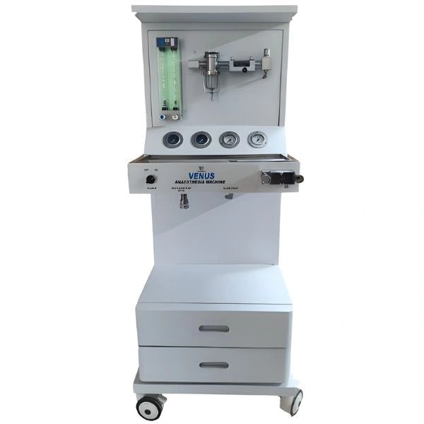Front view of JMJ Medical Venus Anesthesia Machine featuring 2-tube flowmeter, monitor shelf, and mobile trolley on Health Yantra Store