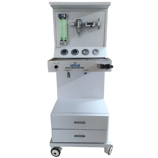 Front view of JMJ Medical Venus Anesthesia Machine featuring 2-tube flowmeter, monitor shelf, and mobile trolley on Health Yantra Store