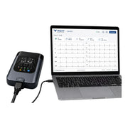 Lifeguard 12-channel smart PC ECG machine connected via USB to a laptop displaying a real-time live ECG waveform graph on the screen.