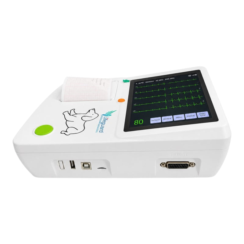 Lifeguard 3-Channel Veterinary Animal ECG Machine showing color display screen with green ECG trace, side ports, and paper report output on plain white backgroun  