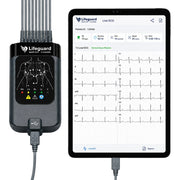 Lifeguard smart ECG machine with a black handheld device connected to a tablet displaying a 12 lead ECG screen on a white background on health yantra store