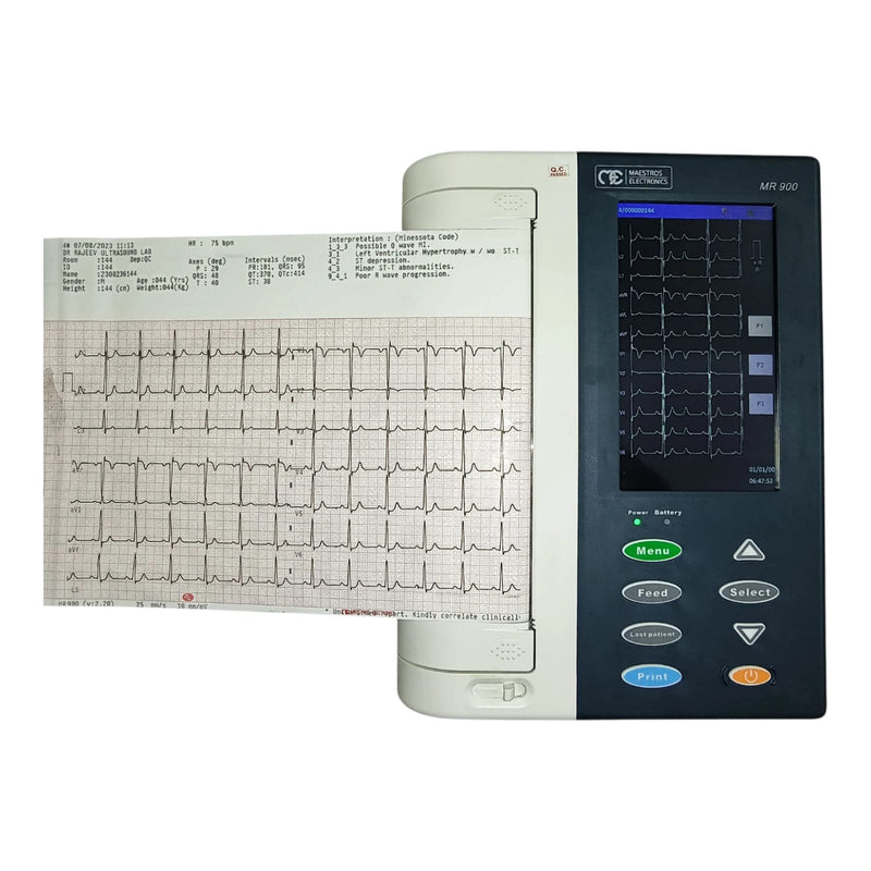 Maestros MR 900 12-channel ECG machine with live digital waveform screen and printed thermal ECG report on Health Yantra Store