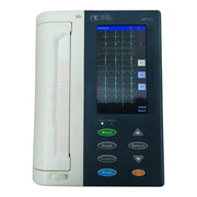 MR 900 ECG machine with a white paper roll on the left and a dark gray control panel on the right, featuring a color screen and green ECG lines, photographed on a white background.