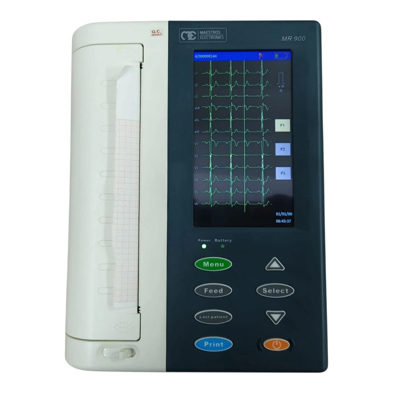 MR 900 ECG machine with a white paper roll on the left and a dark gray control panel on the right, featuring a color screen and green ECG lines, photographed on a white background.