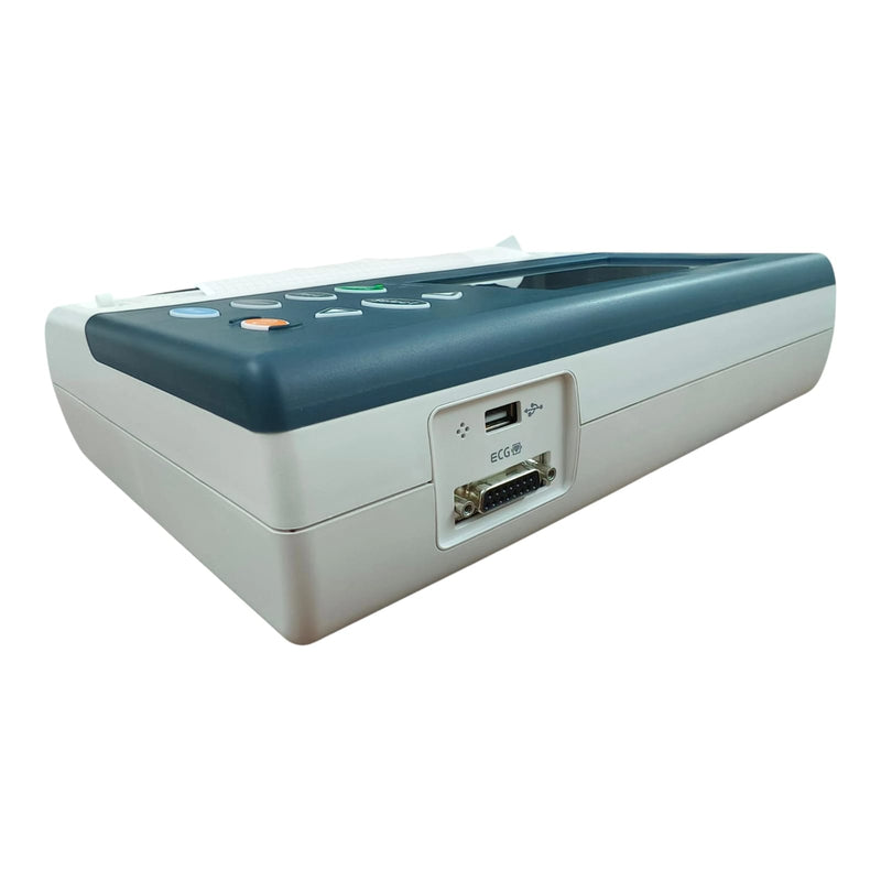Side view of Maestros MR 900 12-channel ECG machine showing USB port and ECG patient lead connector on Health Yantra Store