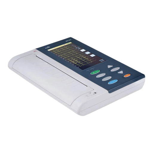 Front view profile of Maestros MR 900 12-channel ECG machine featuring color screen display, thermal printer available online at Health Yantra Store