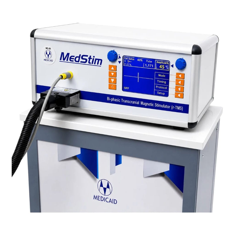 MedStim bi-phasic transcranial magnetic stimulator device on a white and gray MEDICAAID cart, shown against a white background.