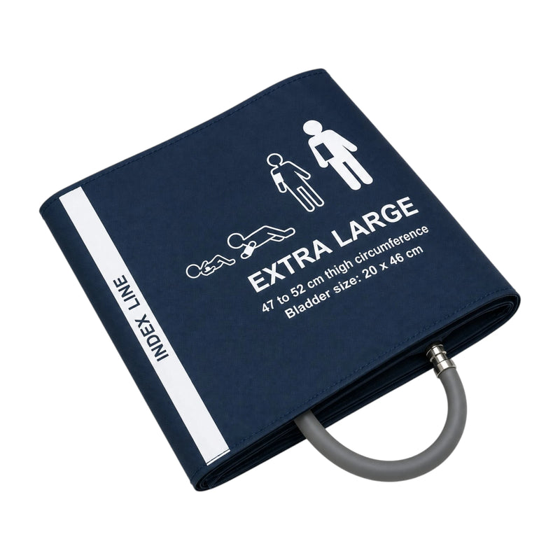 A navy blue blood pressure cuff with white printed text and diagrams indicating adult size, plus a gray tubing loop, shown on a plain white background.