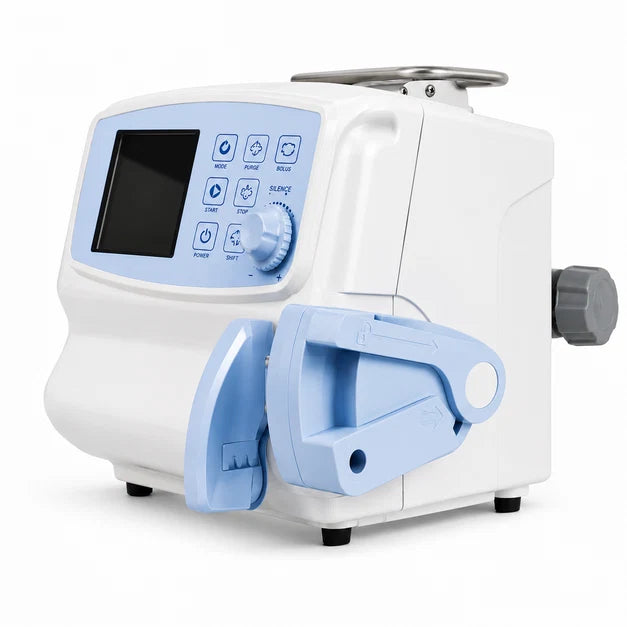 Nidek Luna syringe infusion pump showing the front-loading mechanism and syringe holder for 5ml to 60ml standard syringes