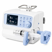 Nidek Luna syringe infusion pump with a digital display screen, control buttons, a dial, and a syringe attached to the front, shown on a clean white background.