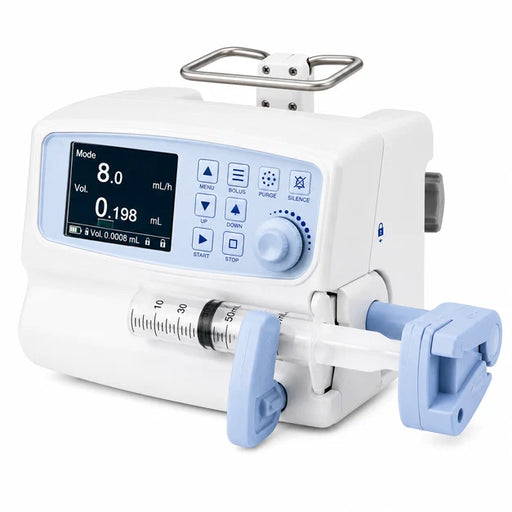 Nidek Luna syringe infusion pump with a digital display screen, control buttons, a dial, and a syringe attached to the front, shown on a clean white background.