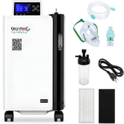 OxyMed MAG-2010 portable oxygen concentrator with accessories including a face mask, tubing, oxygen bottle, power cord, filter, and cleaning cloth, displayed on a clean white background.