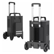 Oxymed P2 Hybrid Portable Oxygen Concentrator shown from front and rear on a white background with telescopic handle, four wheels, side vents, and front storage compartment.