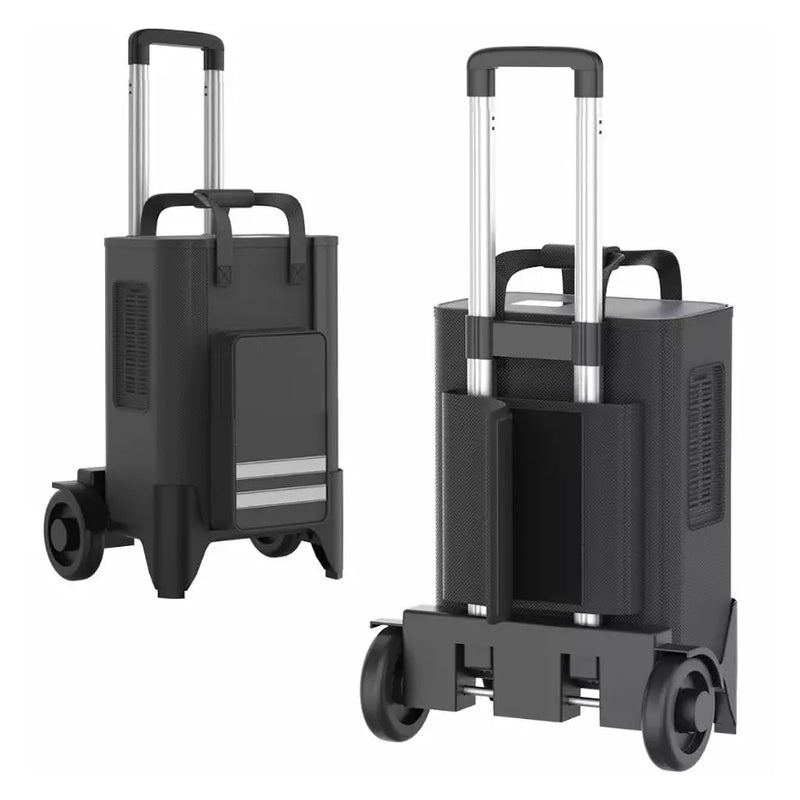 Oxymed P2 Hybrid Portable Oxygen Concentrator shown from front and rear on a white background with telescopic handle, four wheels, side vents, and front storage compartment.