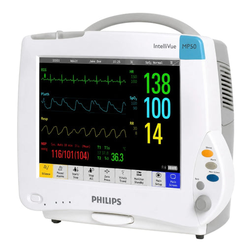 Philips IntelliVue MP50 patient monitor with a white plastic housing, gray handle, and a color LCD screen displaying vital signs on health yantra store 