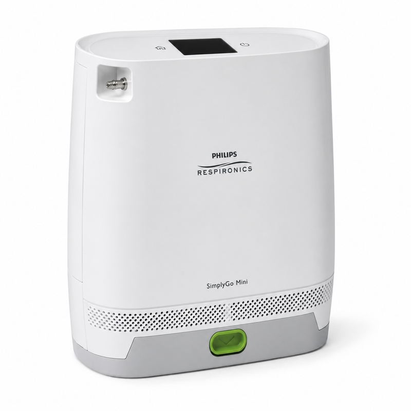 Philips Respironics SimplyGo Mini portable air cleaner in white and gray with a green power button, shown on a white background.