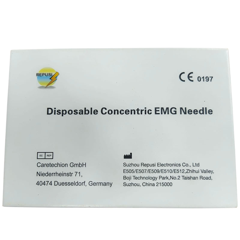 Box of 25  piece disposable concentric EMG needle with Repusi branding on a white background