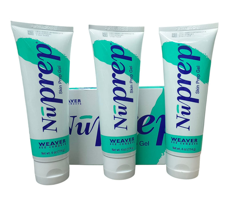 Three tubes of Nuprep Skin Prep Gel with a box in the background on a white background