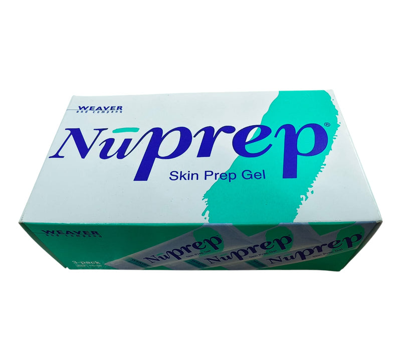 Box of Nuprep Skin Prep Gel with Weaver Laboratories branding on a white background