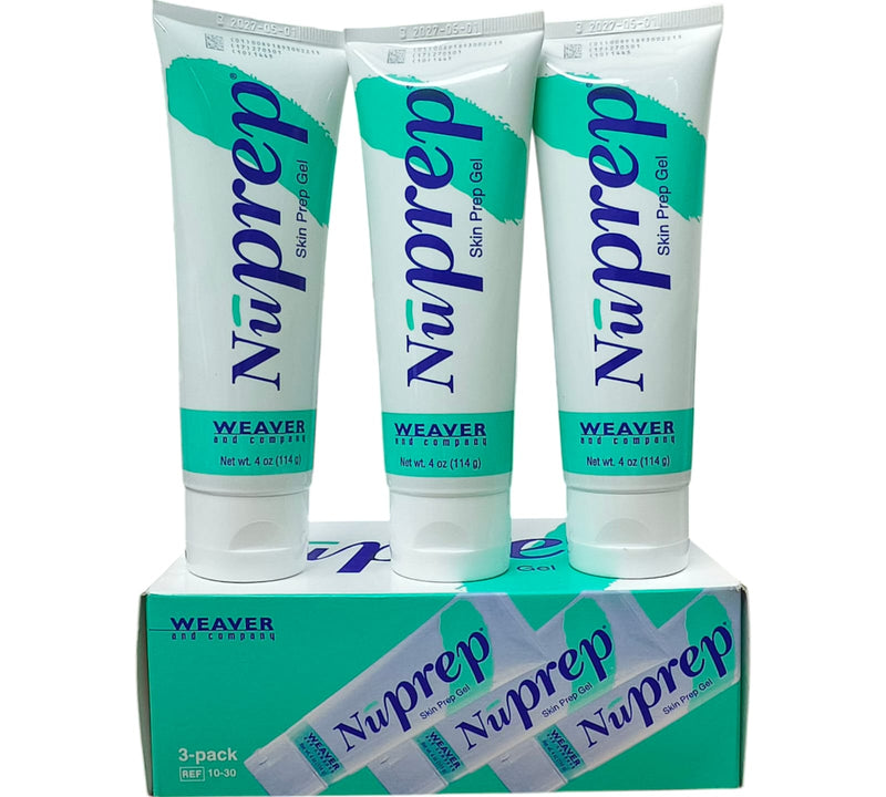 Three tubes of NuPrep skin prep gel with a box in the background on a white background